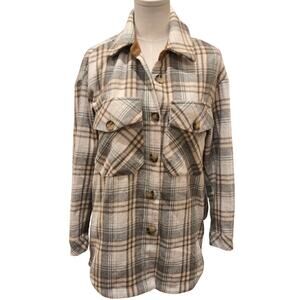 Anthropologie THML Fleece Button Down Shacket Shirt Jacket Plaid Pockets XS